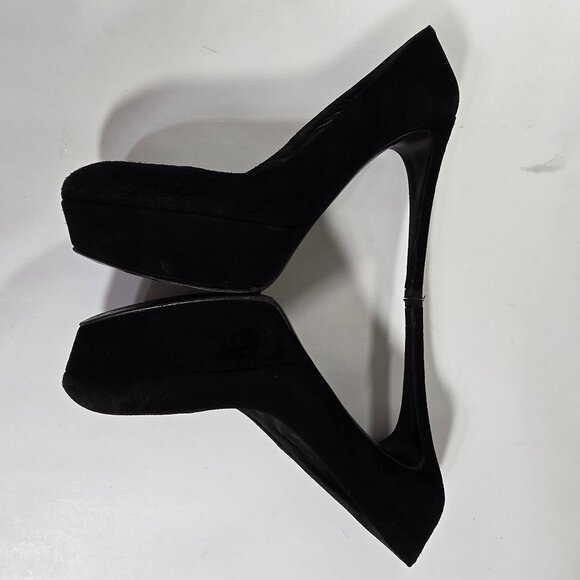 Stuart Weitzman Black Suede Platform Pumps Round Toe 7.5 N 5" Stiletto Heel - Picture 6 of 16